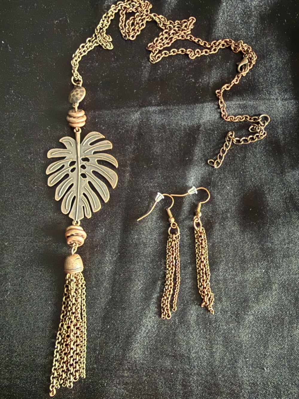Copper Monstera Leaf Tassel Necklace & Earrings Set